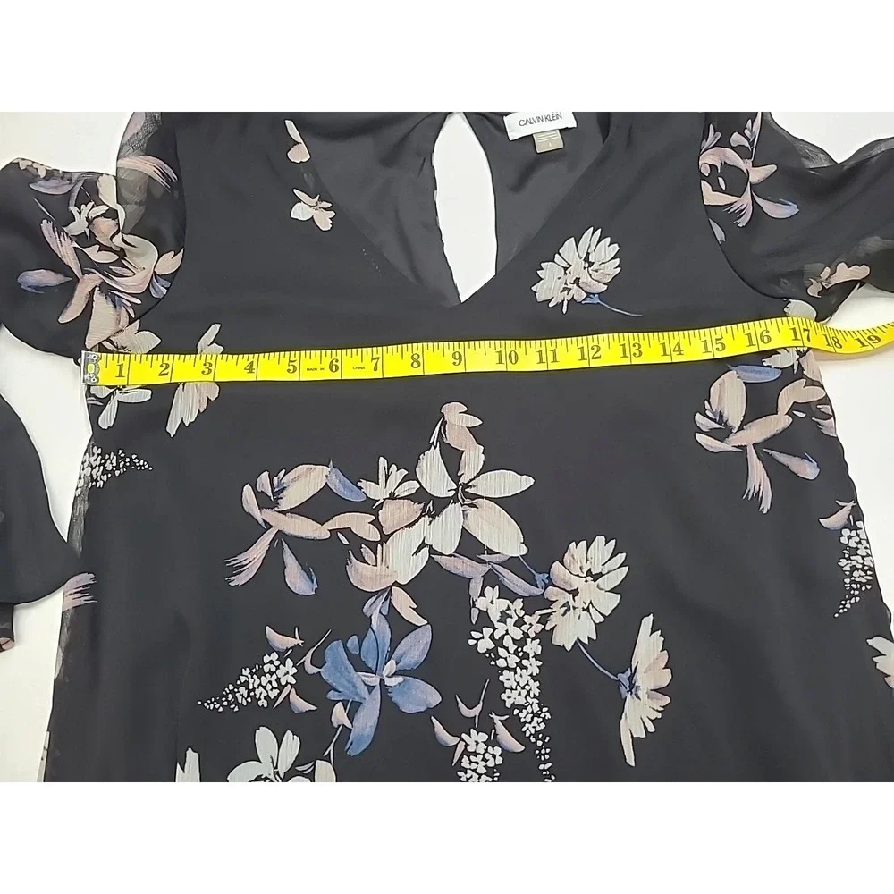 Calvin Klein Dress Sz 6 Black Chiffon Ruffles Floral Whimsigoth Fairy‎ Event EUC